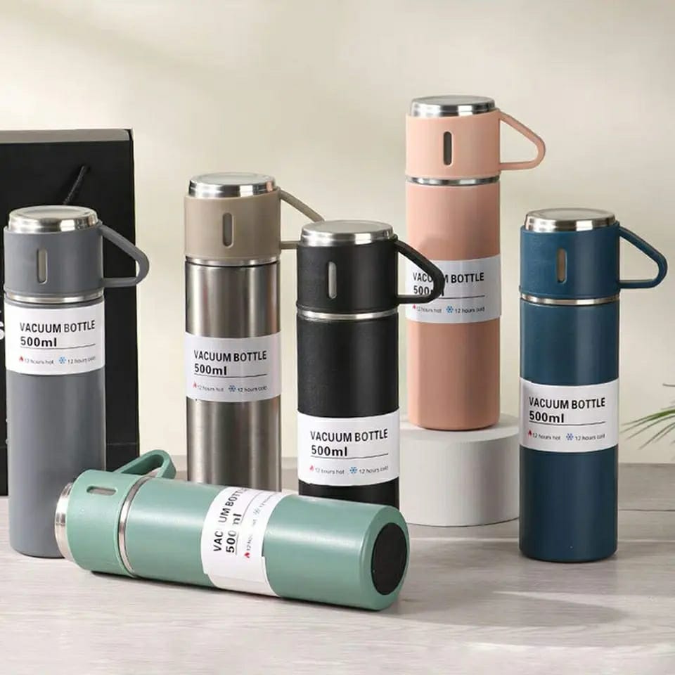 STAINLESS STEEL VACUUM FLASK SET, 500ML WITH 2CUPS(random color)
