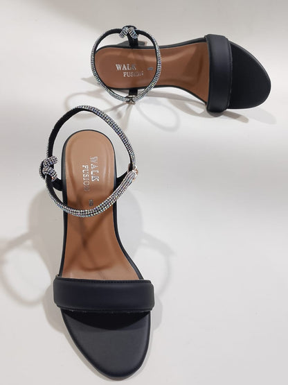 Women’s Black Block Heel Sandals with Sparkling Rhinestone Straps | Elegant Party & Casual Footwear