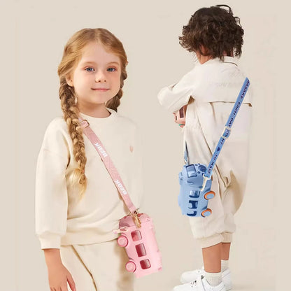 School Bus Design Kids Water Bottle With Strap– 500ml ABS Plastic Leak-Proof Bottle Small Square Drinking Cup – Fun & Durable Water Bottle for Children (Random Color)