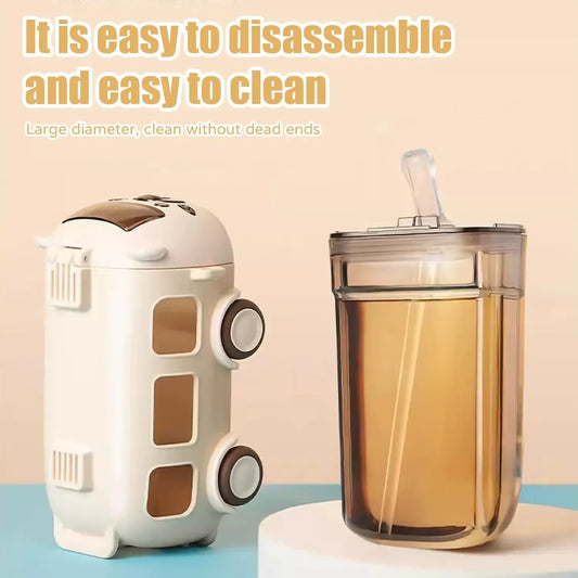 School Bus Design Kids Water Bottle With Strap– 500ml ABS Plastic Leak-Proof Bottle Small Square Drinking Cup – Fun & Durable Water Bottle for Children (Random Color)