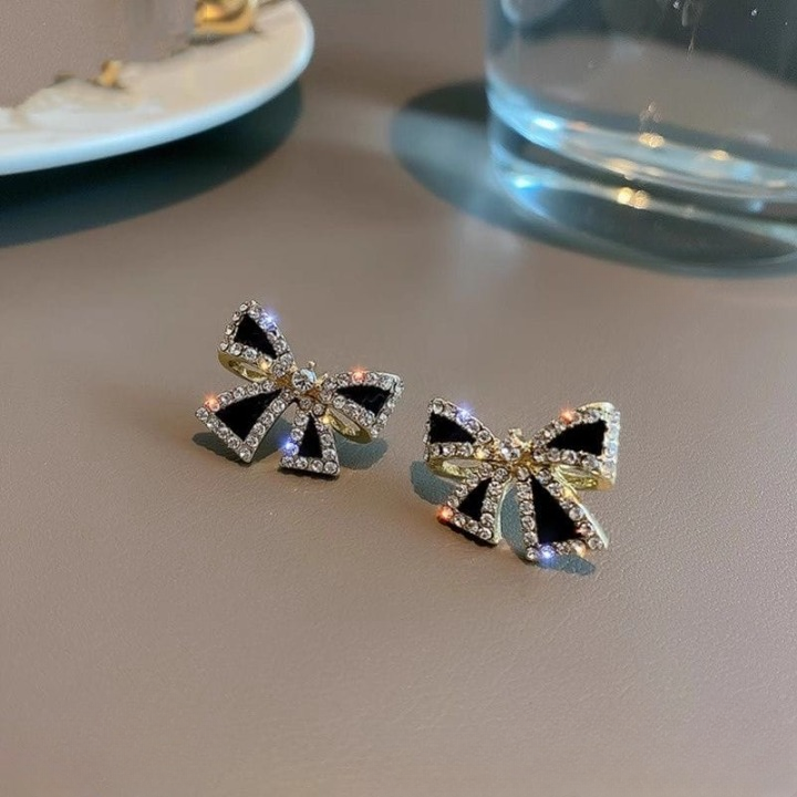 Elegant Zircon Black Bow Tie Earrings (AXJ-112)