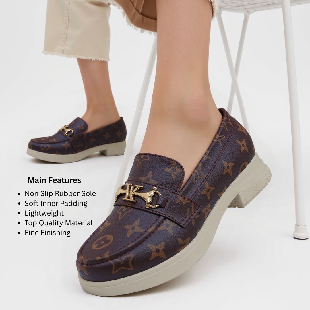 Women’s Brown Loafers with Gold Metallic Buckle