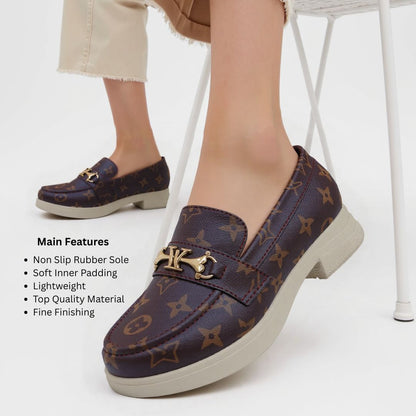 Women’s Brown Loafers with Gold Metallic Buckle