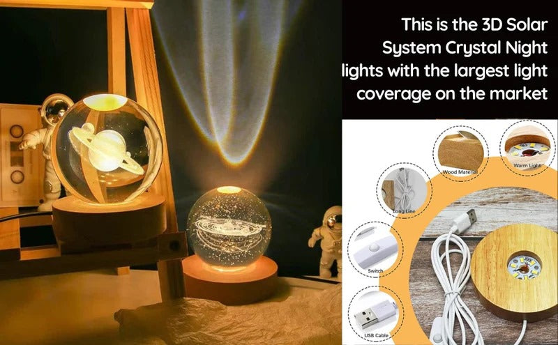 3D Galaxy Solar System Crystal Ball Night Light with Wooden Base for Boys and Girls