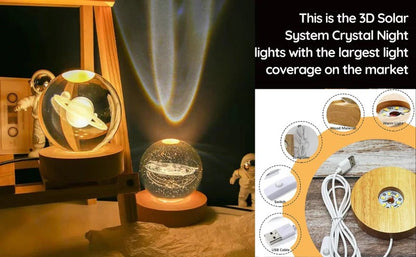 3D Galaxy Solar System Crystal Ball Night Light with Wooden Base for Boys and Girls