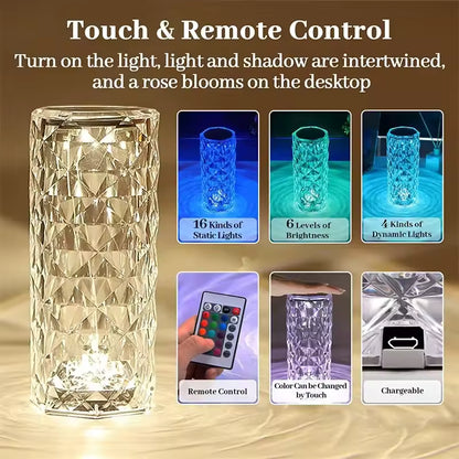 16 Colors Diamond Rose Crystal Lamp Bedside Acrylic Table Lamp | Led Diamond Touch Lamp With Remote